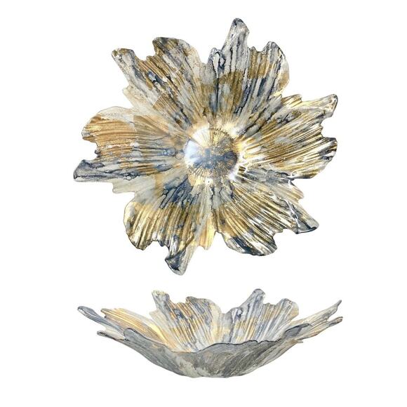 Il Quadrifoglio Black-Gray Gold Flower Centerpiece Decorative Bowl 15” Italy - Picture 1 of 7